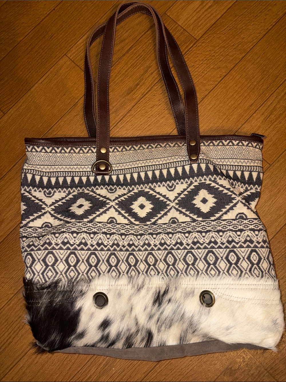 Boho Tribal Tote Bag with Black and White cowhide